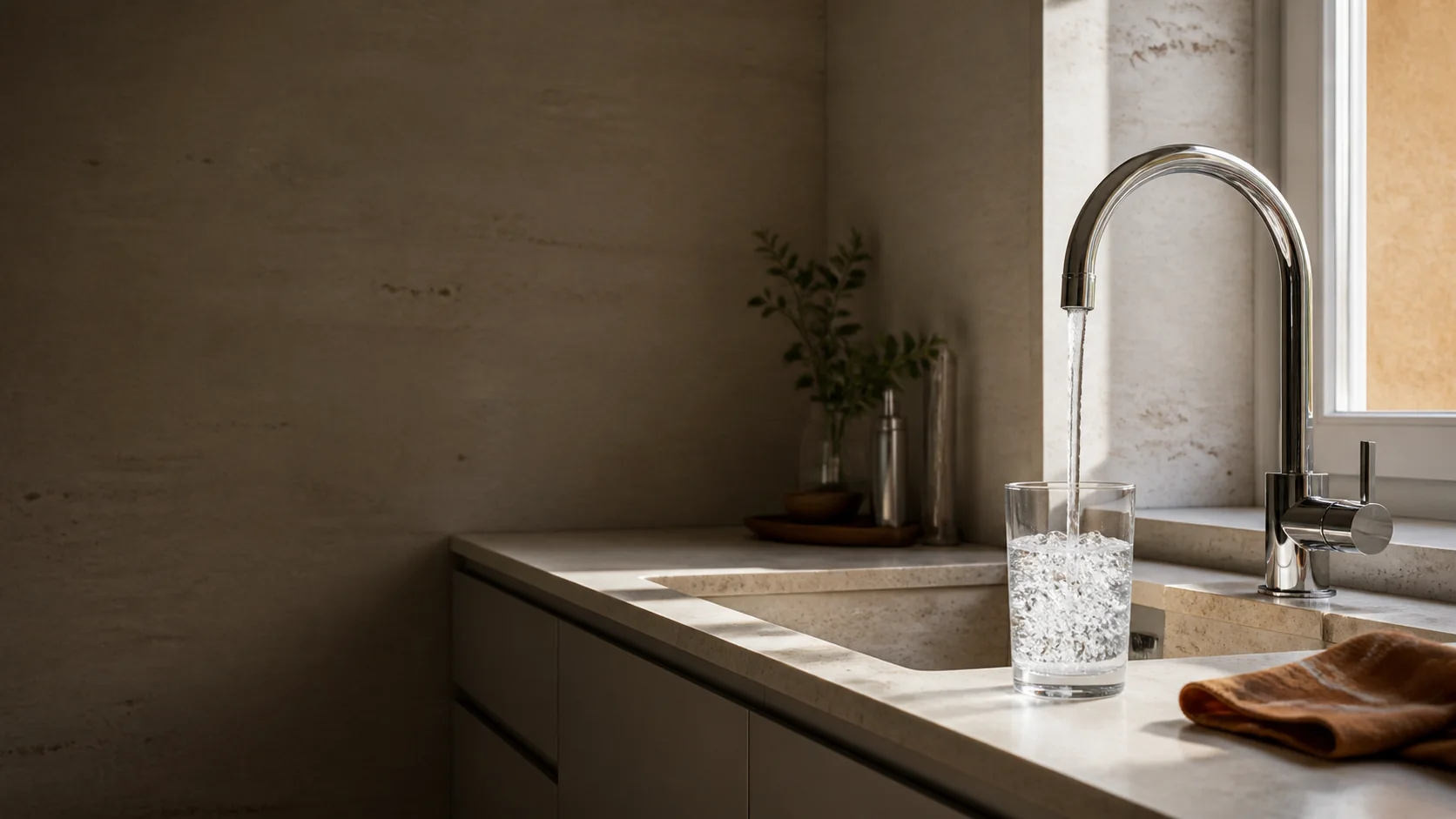 Rubinetto che versa acqua in un bicchiere in una cucina di Roma