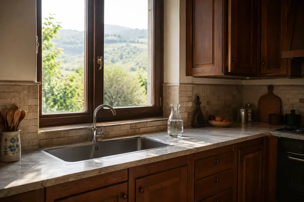 Rubinetto per acqua da bere e caraffa in una cucina con mobili in legno e vista sul giardino