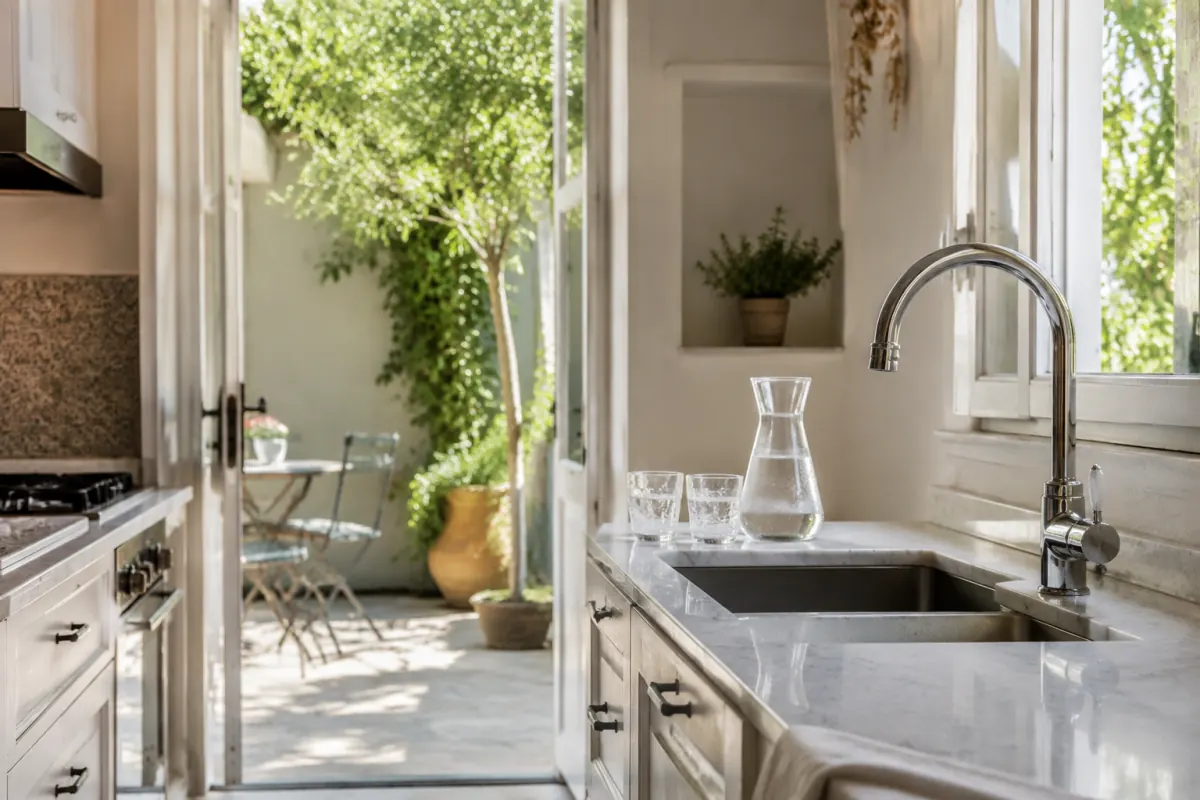 Caraffa e bicchieri d’acqua in una cucina luminosa aperta su un patio con piante