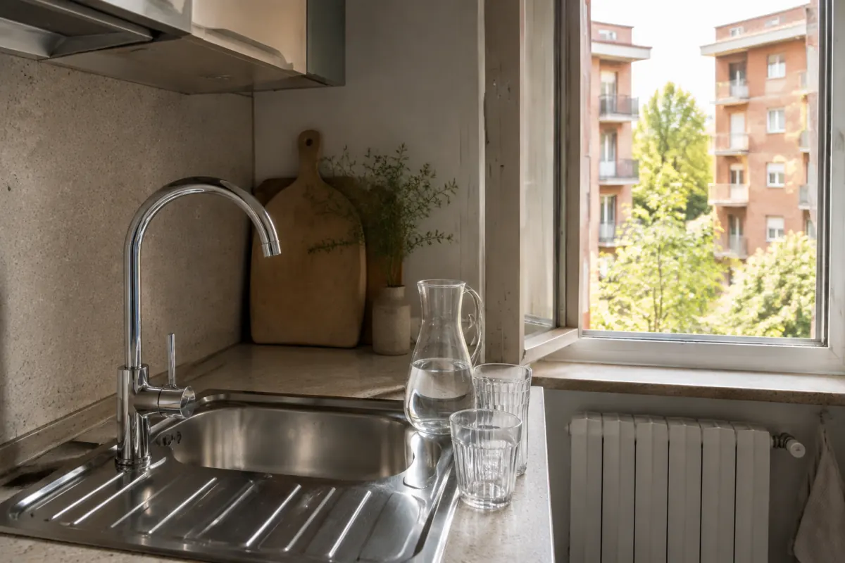 Rubinetto per acqua da bere e caraffa sul piano di una cucina con affaccio sul verde