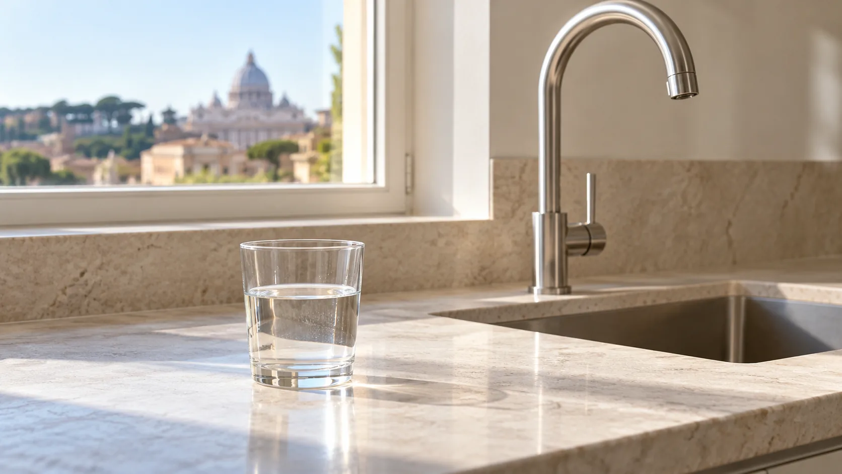 Un bicchiere d'acqua accanto al rubinetto della cucina